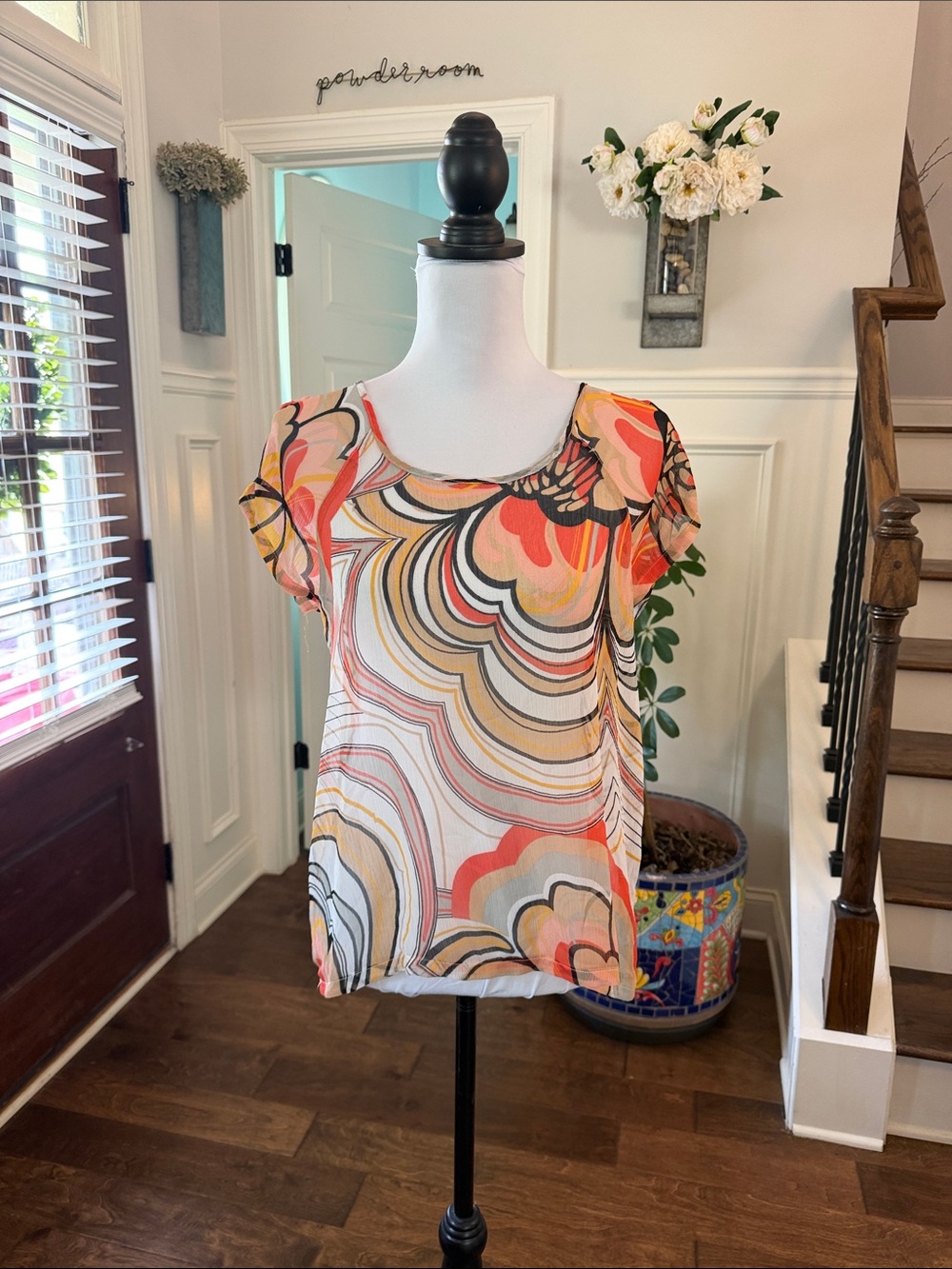 Worthington EUC Floral Cold Shoulder Semi Sheer Petite Blouse